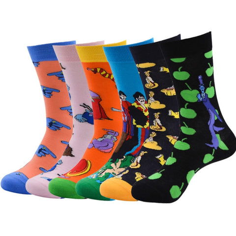 Men Combed Cotton Socks Funny Happy Novelty Long Crew Socks Beatles Rock Crazy Fun Funky Skateboard Socks Colorful Yellow Sox