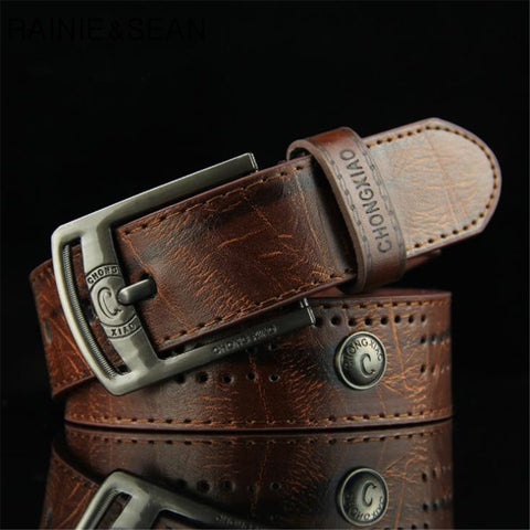 RAINIE SEAN Men Leather Belt Punk Rivet Vintage Pin Buckle Casual Male Belt For Trousers Black White Brown Belt For Men Jeans